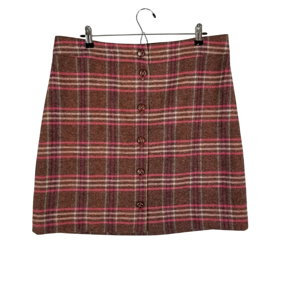 Talbots Skirt Women 16P Brown Pink Plaid Wool Blend Button Front A-Line Petite